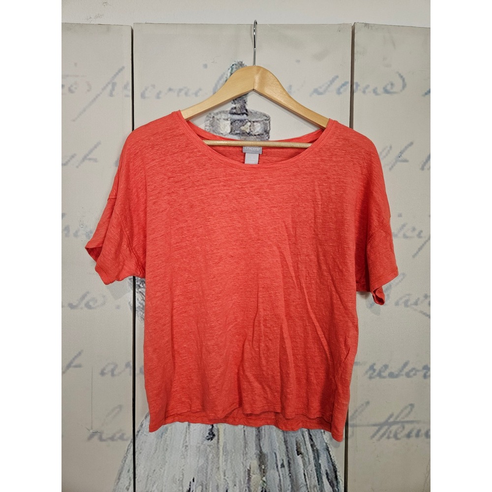 Chico's 100% Linen T-Shirt 2 L Coral Relaxed Short Sleeve Scoop Neck Coastal
